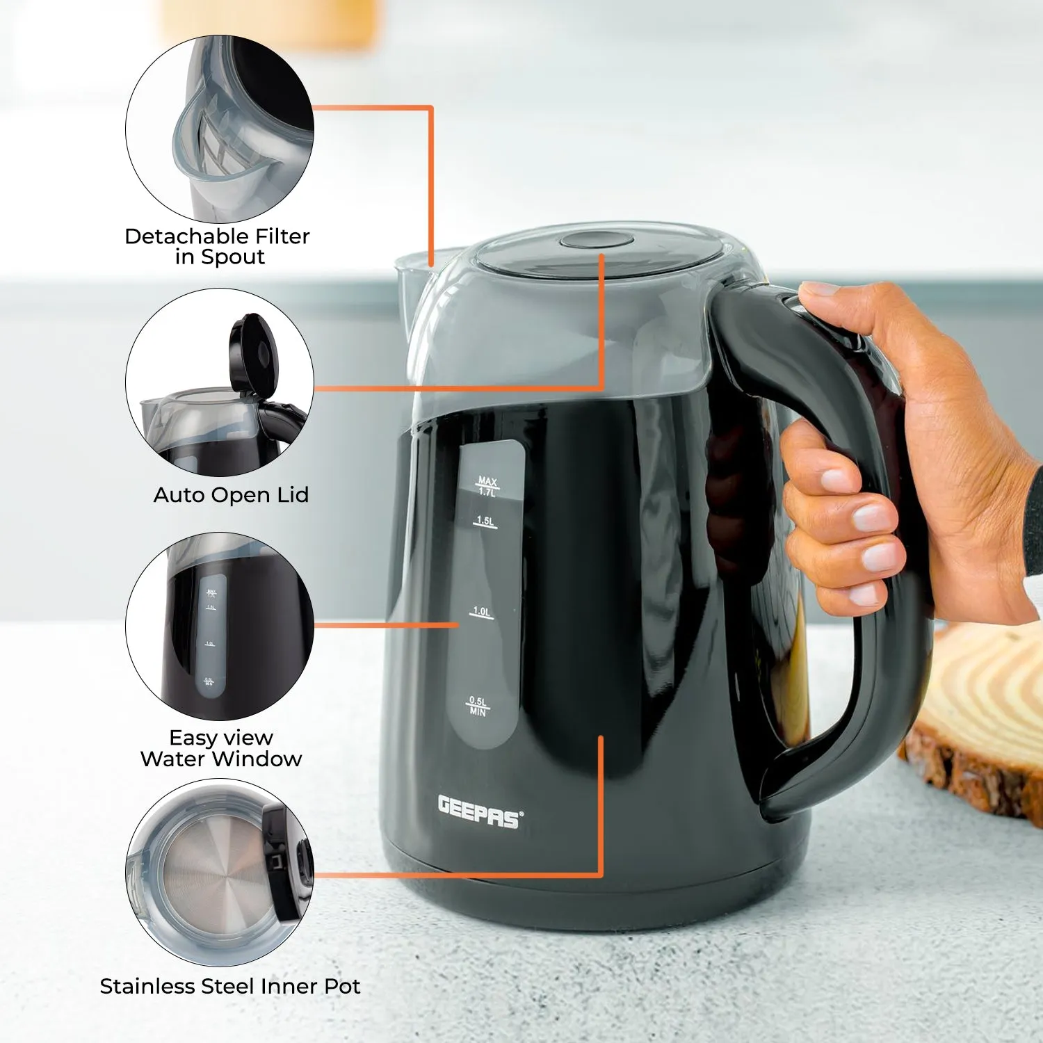 1.7L LED Illuminated Black Plastic Electric Kettle