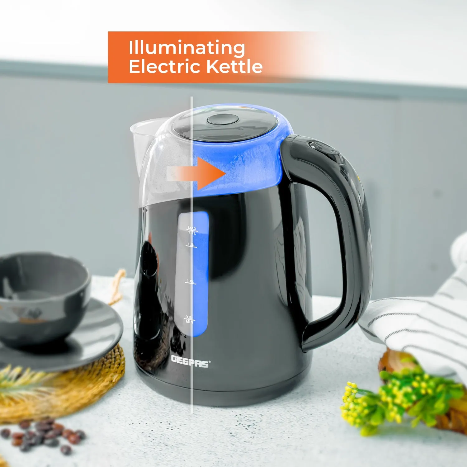 1.7L LED Illuminated Black Plastic Electric Kettle