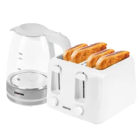 1.8L White LED Glass Kettle and 4 Slice White Toaster Set