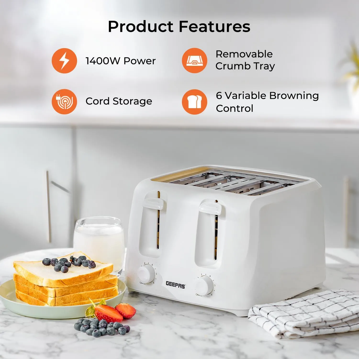 1.8L White LED Glass Kettle and 4 Slice White Toaster Set