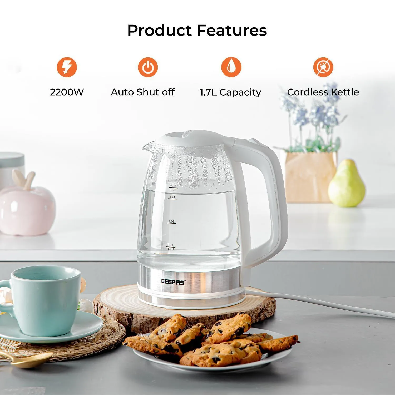 1.8L White LED Glass Kettle and 4 Slice White Toaster Set