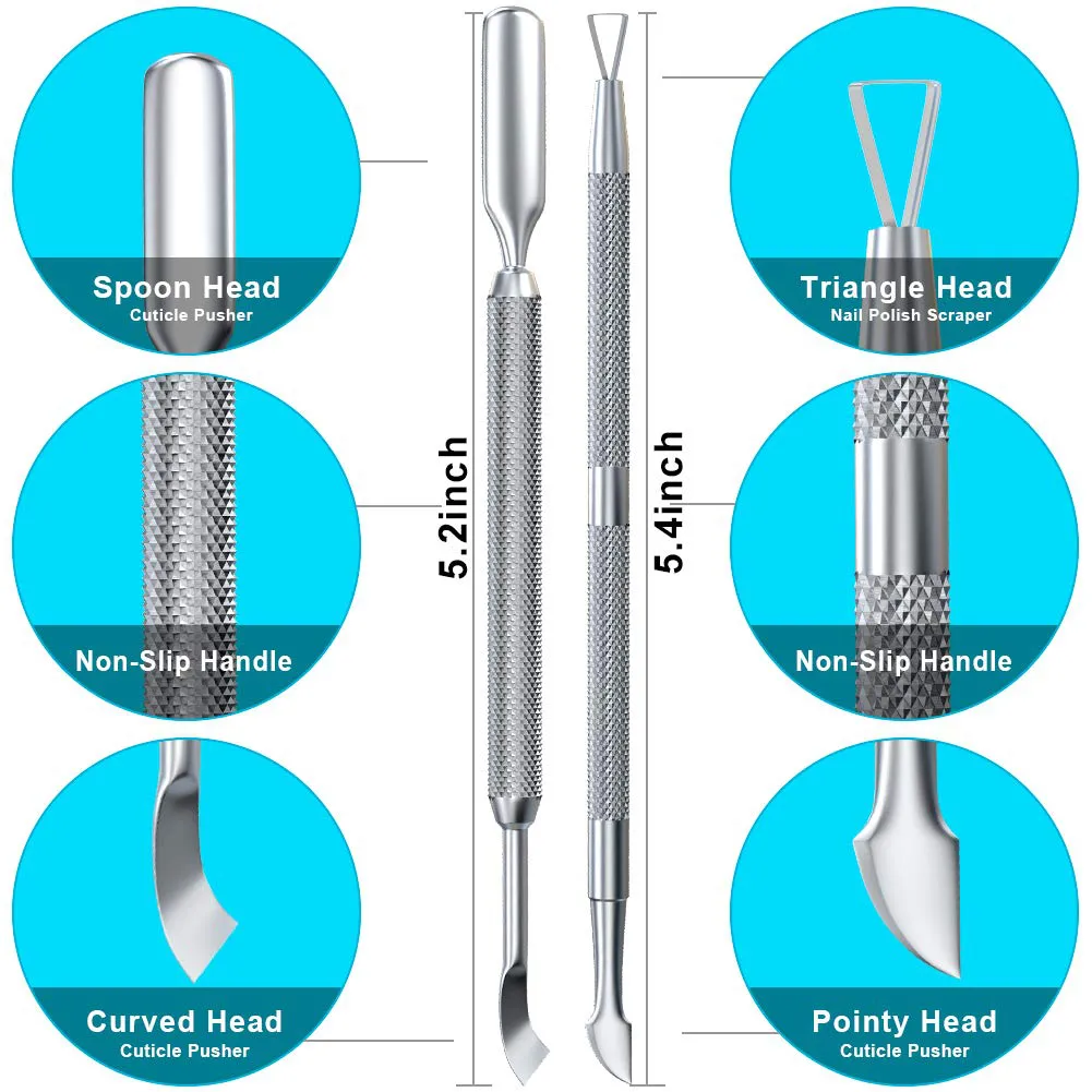 2PCS Metal Silver Cuticle Pusher and Cutter Remover Salon Quality Stainless Steel Acetone Gel Nail Polish Peeler Scraper Durable Professional Manicure Pedicure Cleaner Tool for Fingernail and Toenail