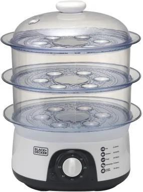 Black Decker, 775W 10 L 3-Tier Food Steamer with Timer, White, HS6000-B5