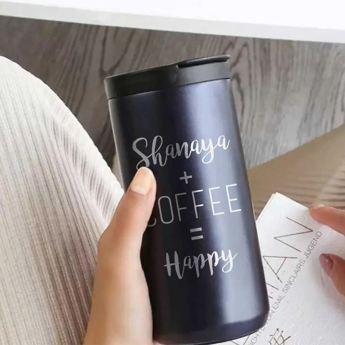 Customized Insulated Thermos Cup for Tea with Name Engraved Design (400 ML) - Happy