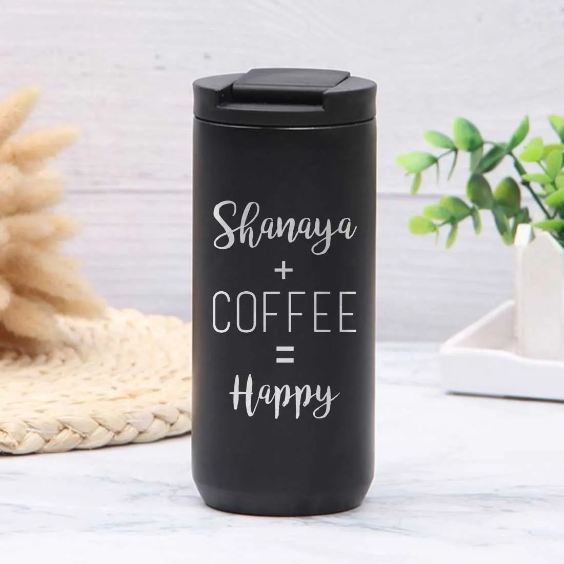 Customized Insulated Thermos Cup for Tea with Name Engraved Design (400 ML) - Happy