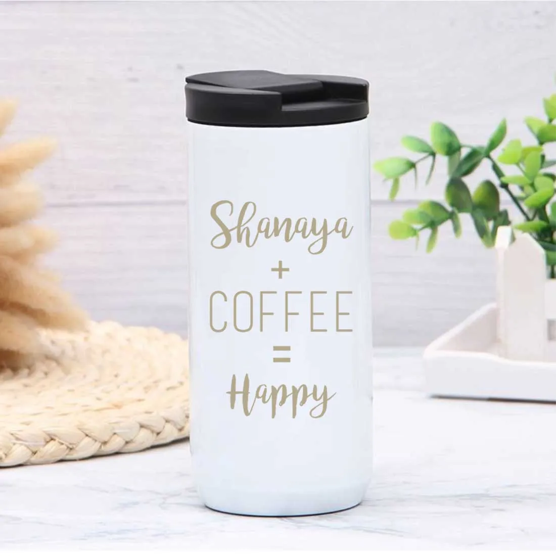 Customized Insulated Thermos Cup for Tea with Name Engraved Design (400 ML) - Happy