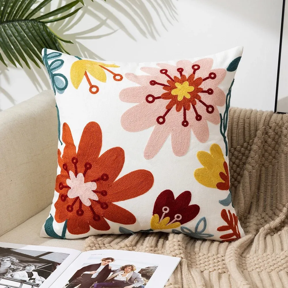 Embroidered Flower Cushion Cover Linen