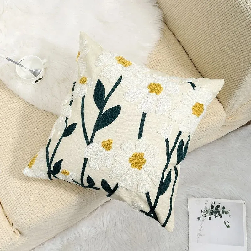 Embroidered Flower Cushion Cover Linen