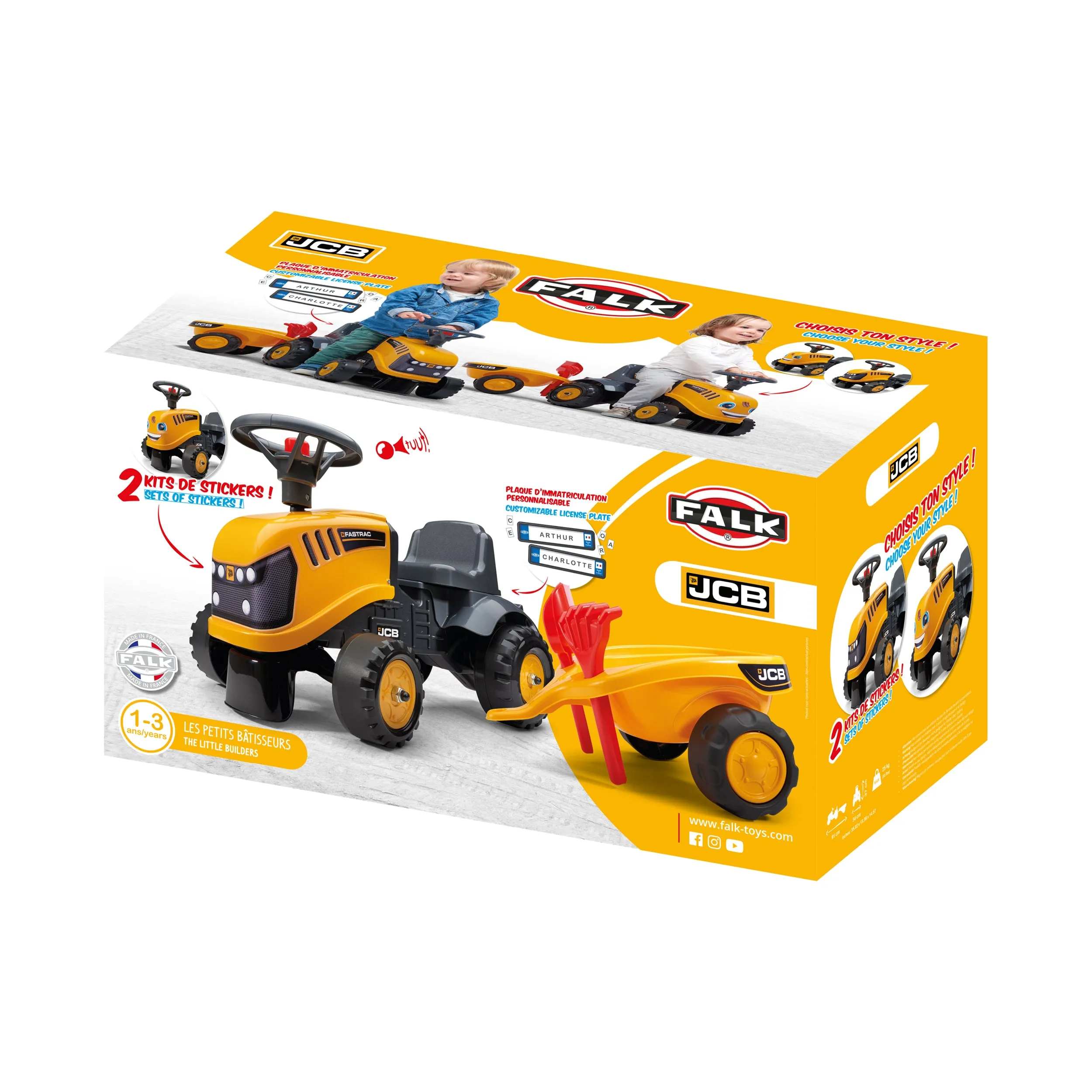 Falk Baby JCB Ride-On Tractor with Trailer, Rake & Shovel