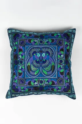 Hmong Hill Tribe Embroidered Peacock Pillowcase in Blue