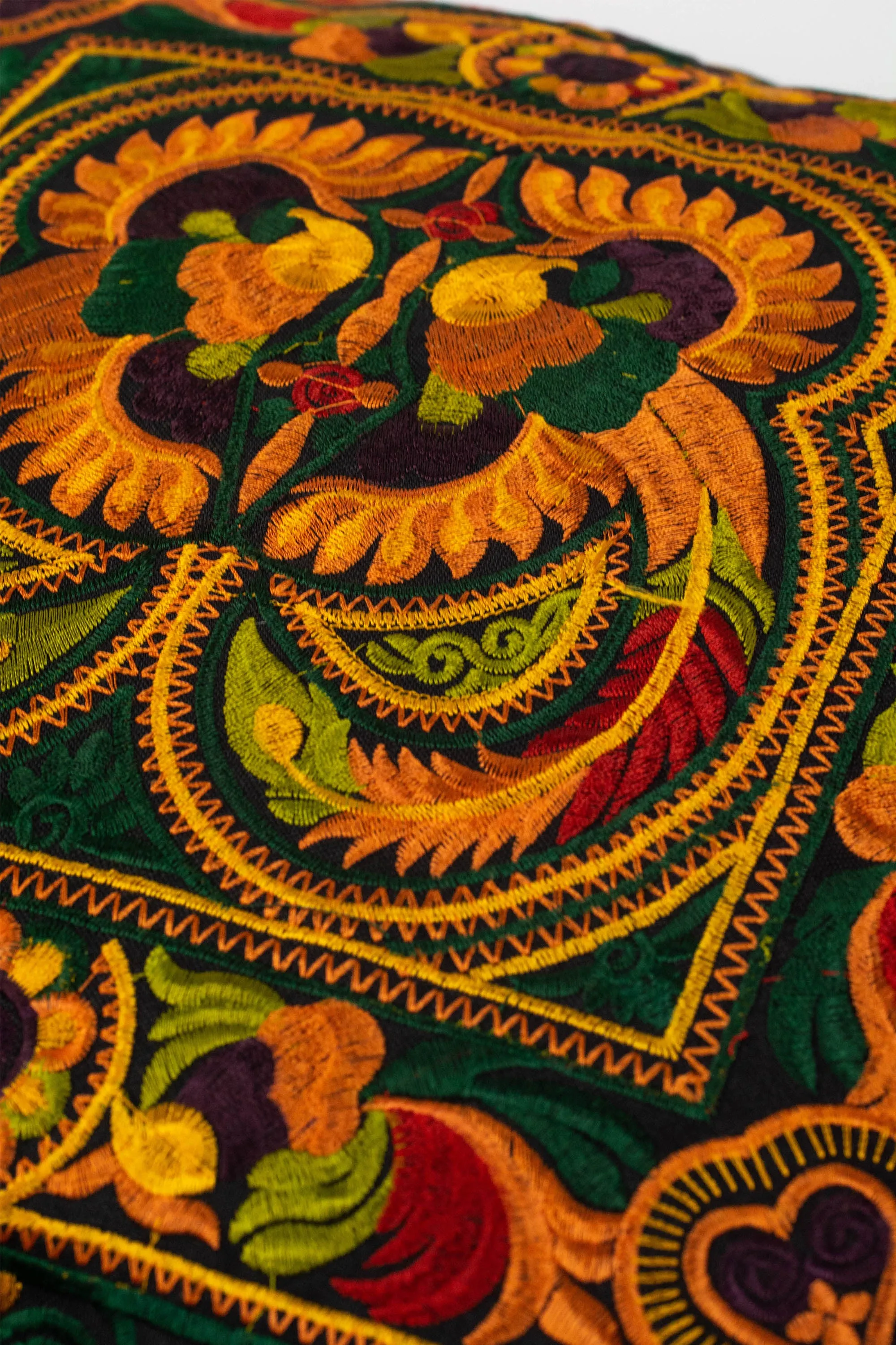 Hmong Hill Tribe Embroidered Peacock Pillowcase in Orange