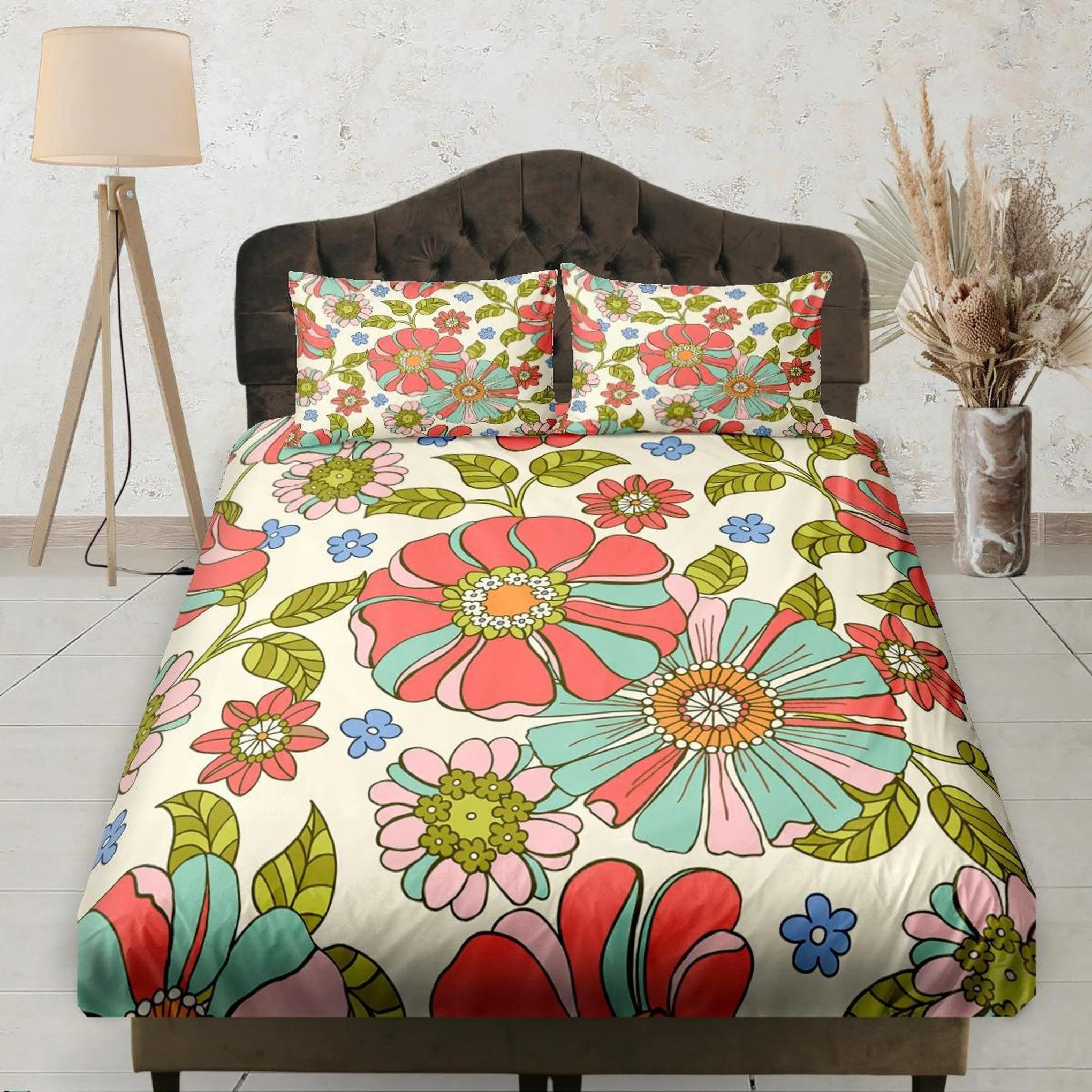 Mid Century Modern Fitted Sheet Deep Pocket, Colorful Floral Prints, Aesthetic Boho Bedding Set Full, Elastic Bedsheet, Dorm Bedding, Crib