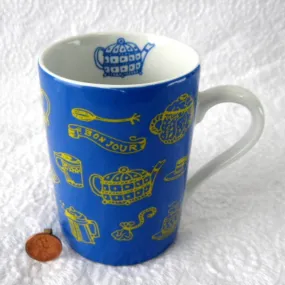 Mug Bounjour French Tea Time Tea Items Blue Yellow Ceramic Germany 10 Ounces