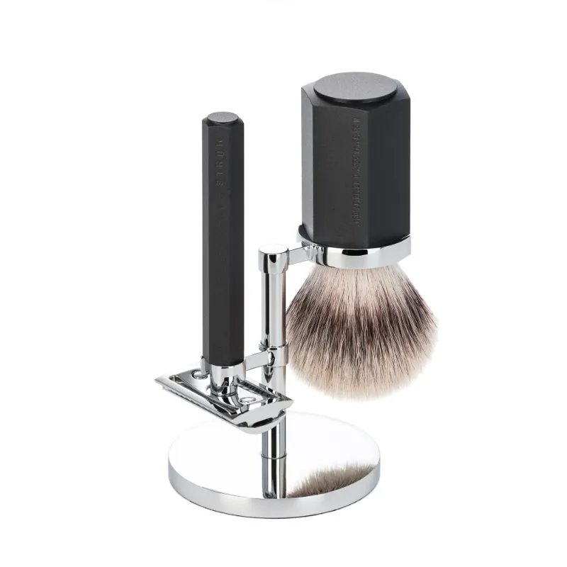 MUHLE Hexagon Graphite Shaving Set with Safety Razor & Silvertip Fibre® Shaving Brush