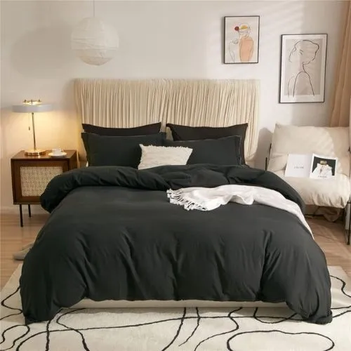 Queen size 6 Pieces Bedding set, Washable Cotton Black Color