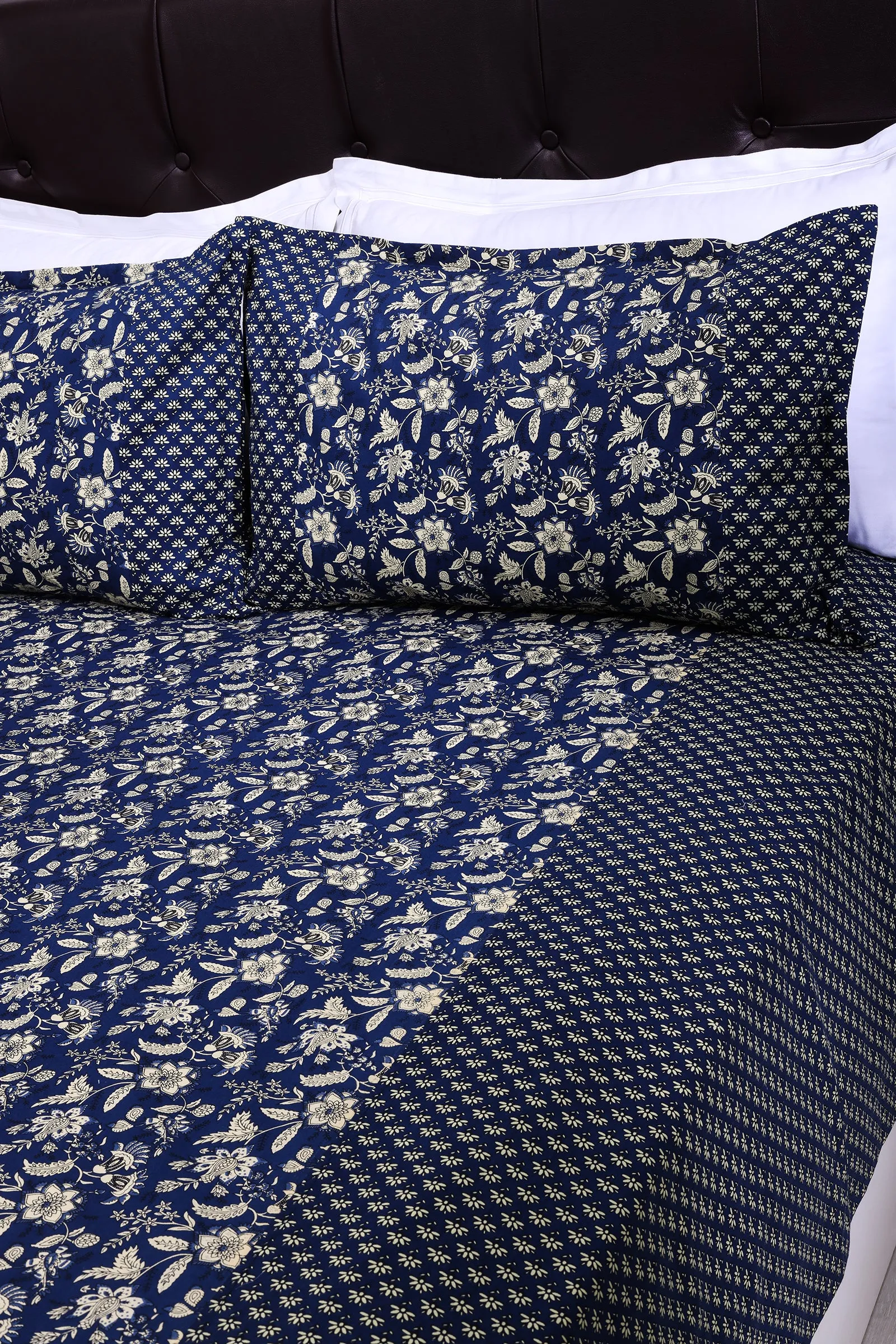 Rahat Floral Jaal Navy Blue Cotton Bedsheet