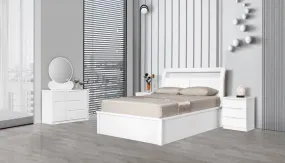 Salvatore White High Density MDF High Gloss Ottoman Gas Lift Up Storage Bed, Headboard Storage, LED Changeable Lights and Speaker, Wireless cum USB Charger Attached.