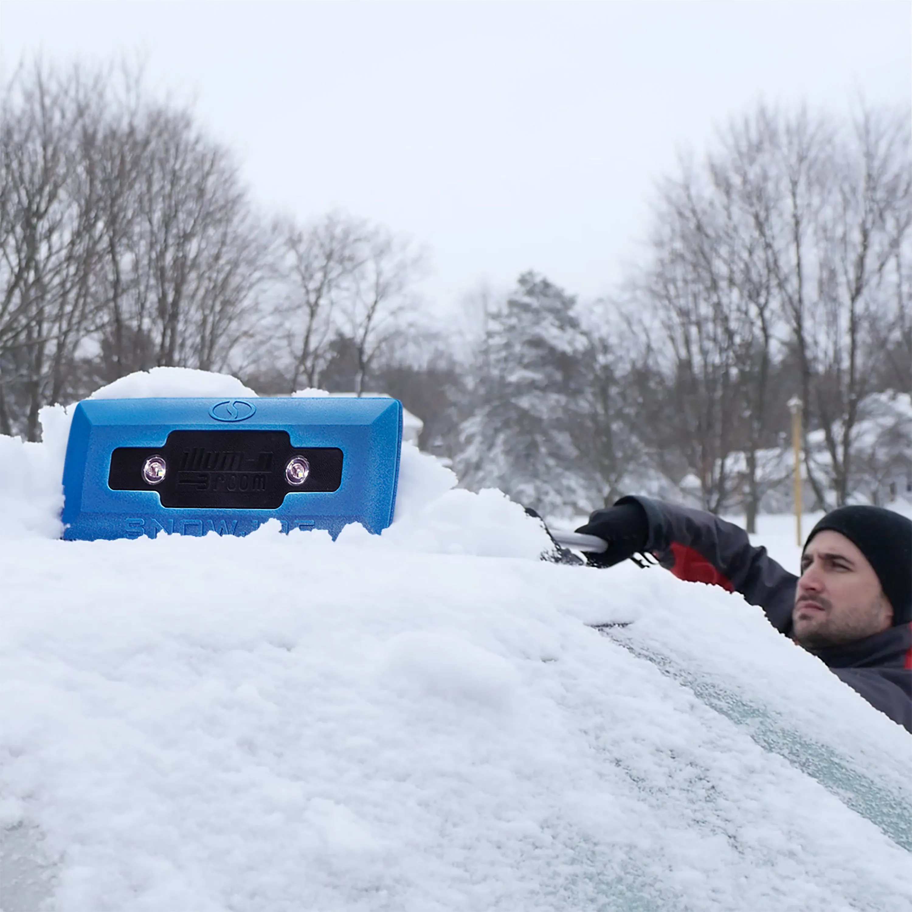 Snow Joe SJBLZD-LED 4-In-1 Telescoping Snow Broom   Ice Scraper | 18-Inch Foam Head | Headlights (Blue)