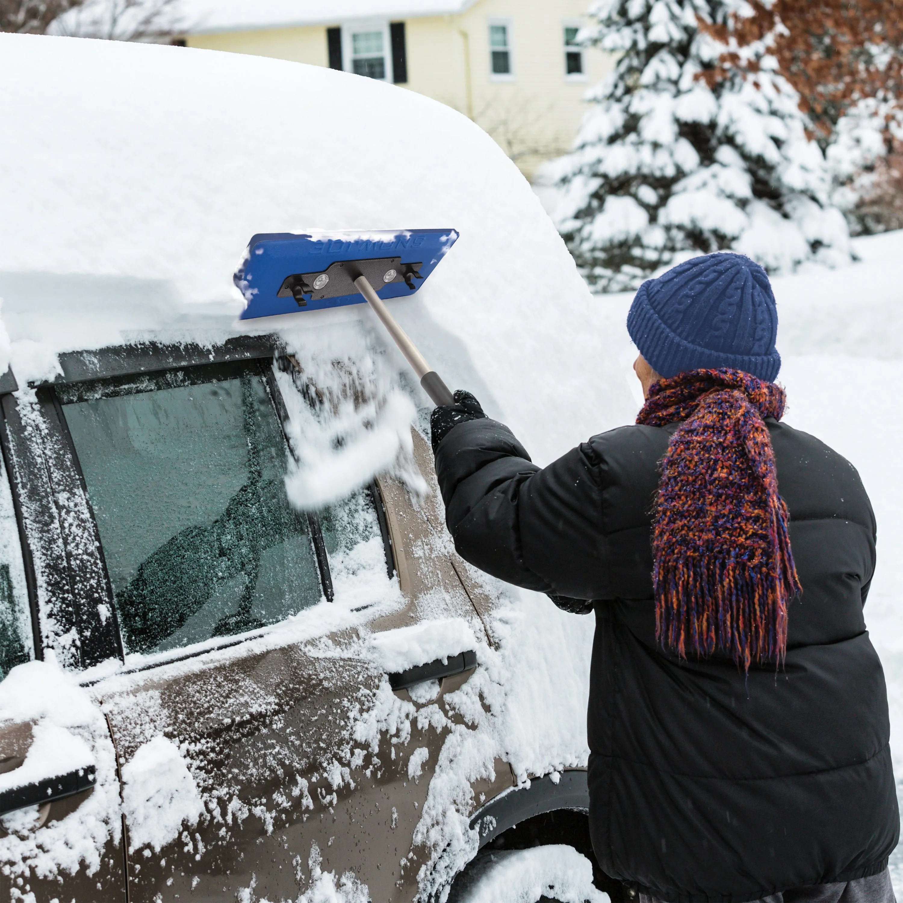 Snow Joe SJBLZD-LED 4-In-1 Telescoping Snow Broom   Ice Scraper | 18-Inch Foam Head | Headlights (Blue)