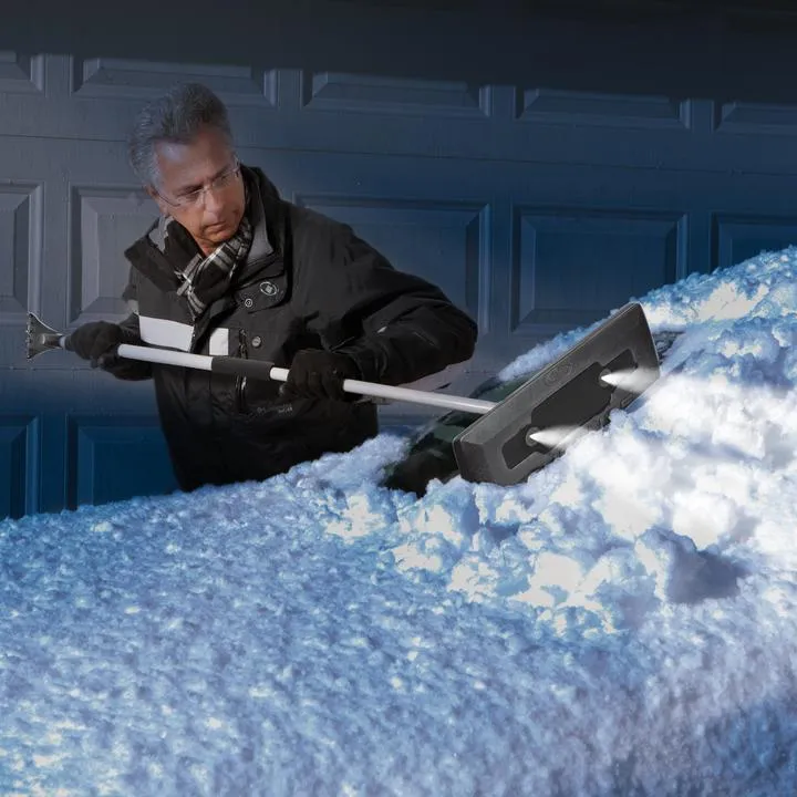 Snow Joe SJBLZD-LED-BLK 4-In-1 Telescoping Snow Broom   Ice Scraper | 18-Inch Foam Head | Headlights (Black)