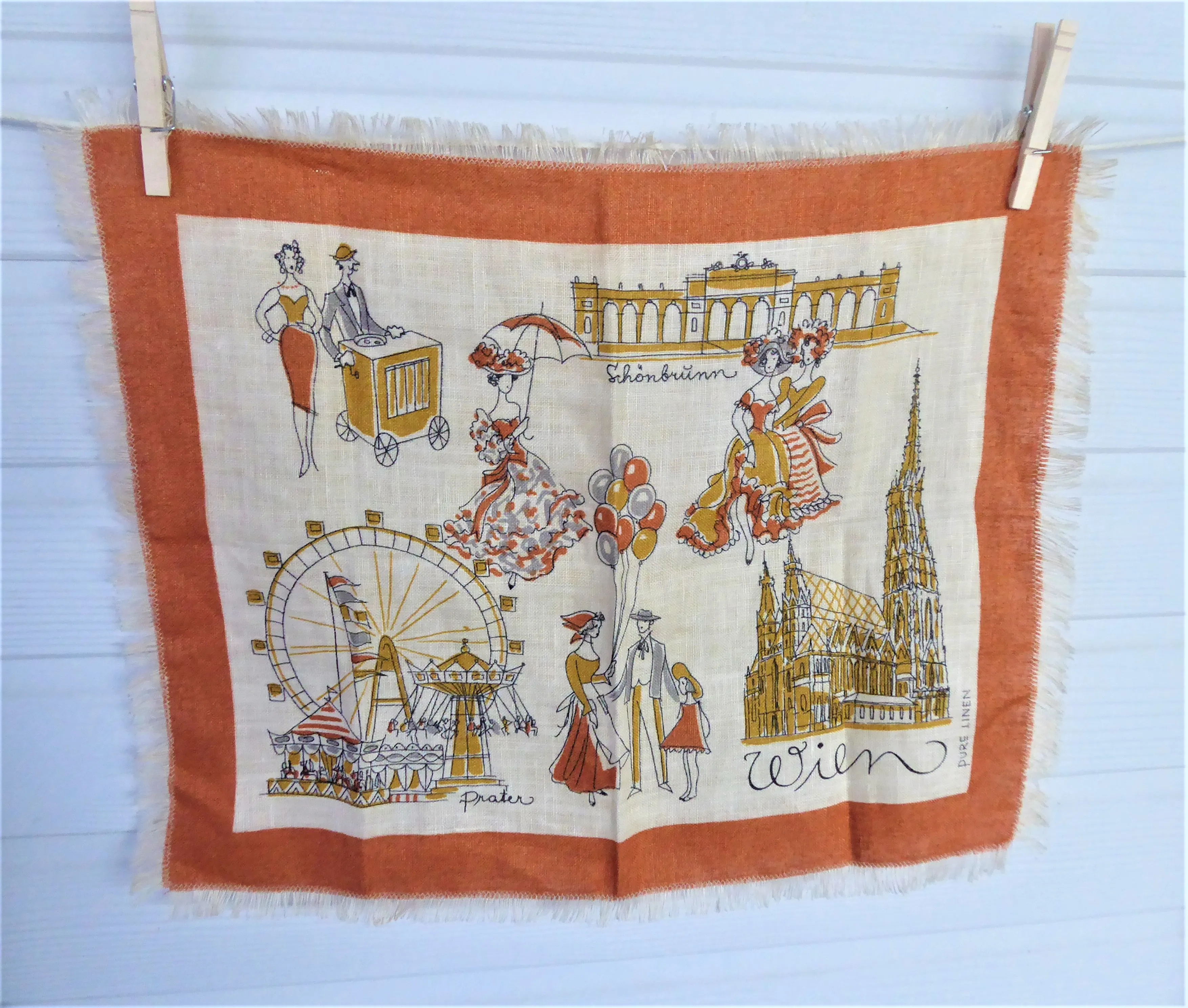 Tea Towel Vienna Wien Souvenir Linen Mid Century Colors 1960s Landmarks