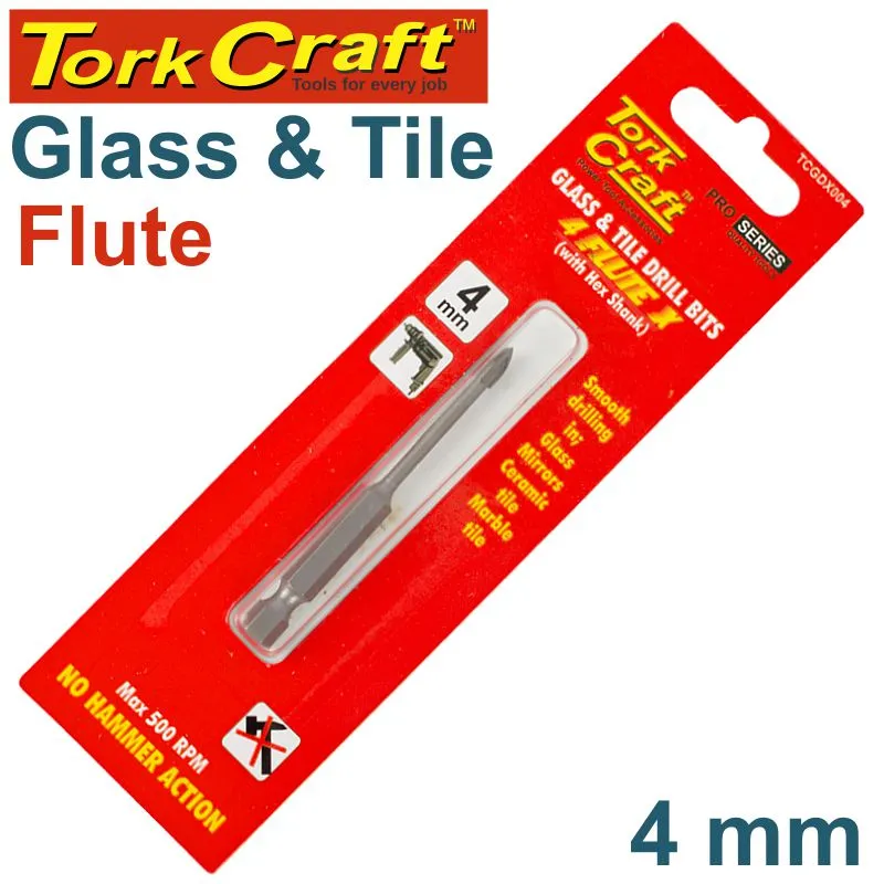 TORK CRAFT GLASS & TILE DRILL 4MM 4 FLUTE WITH HEX SHANK TCGDX004