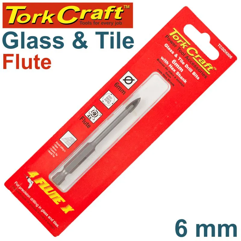 TORK CRAFT GLASS & TILE DRILL 6MM 4 FLUTE WITH HEX SHANK TCGDX006