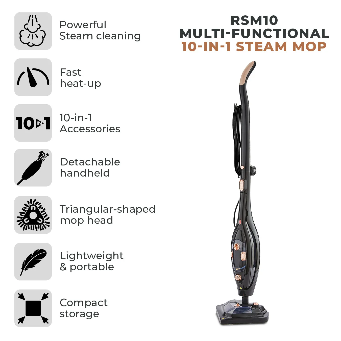 Tower RSM10 10-in-1 Steam Mop with Detergent Floor Head - Rose Gold