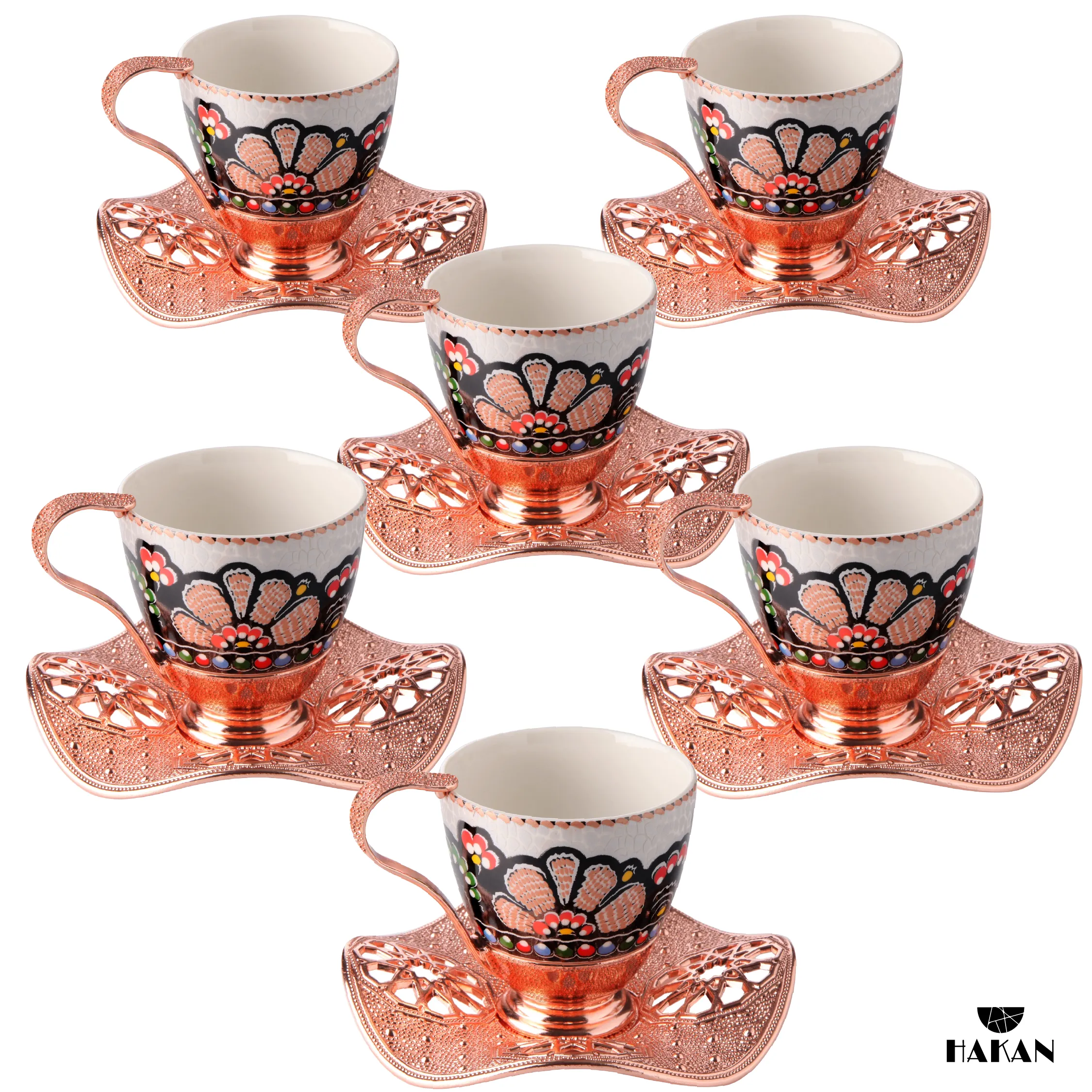 Turkish Coffee Cup Set for 6 People with Leaf Design Saucers, 18 Pcs