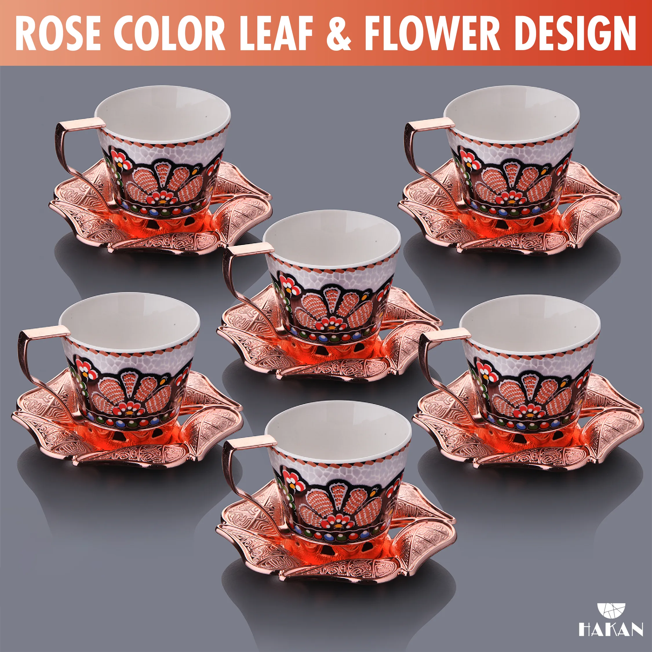 Turkish Coffee Cup Set for 6 People with Leaf Design Saucers, 18 Pcs