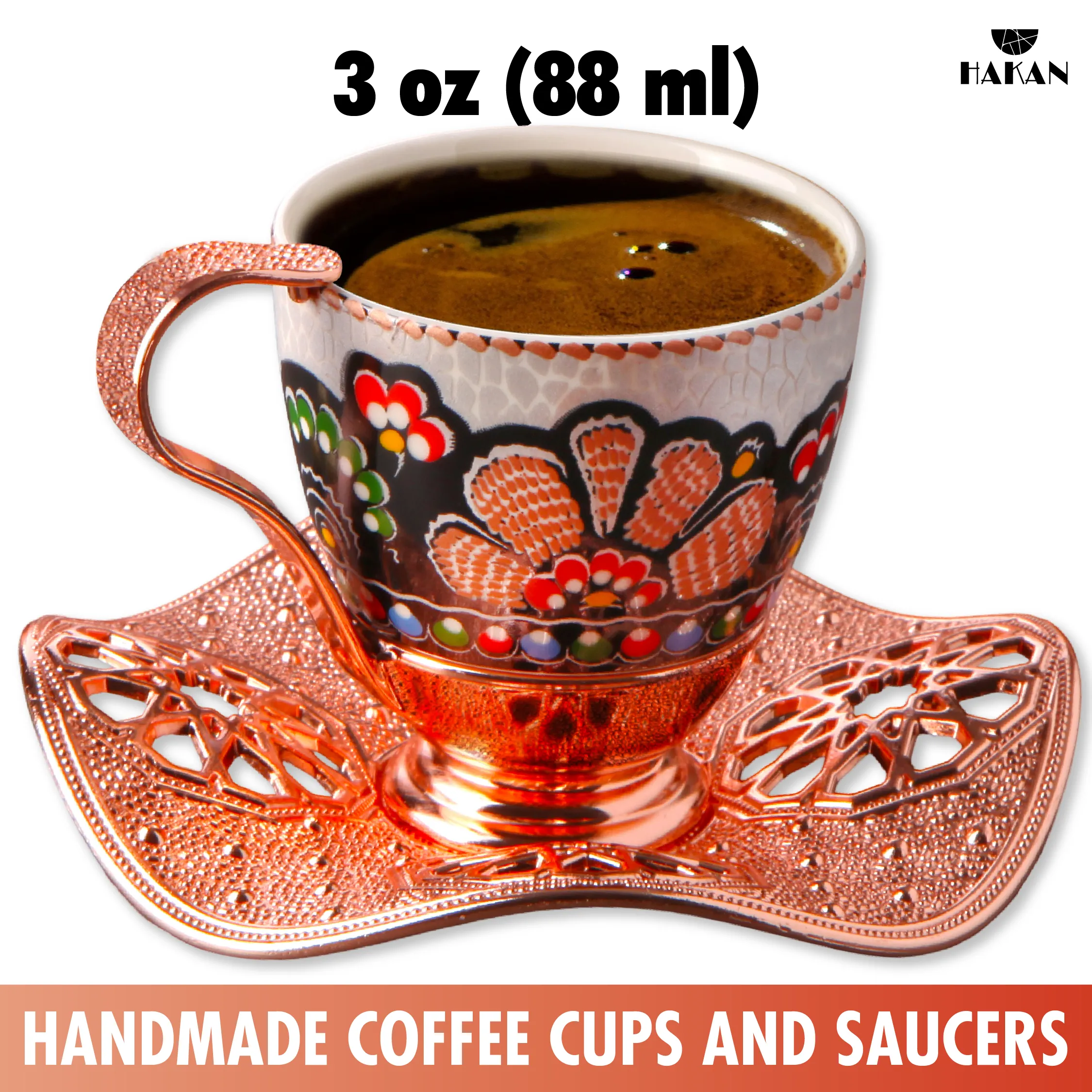 Turkish Coffee Cup Set for 6 People with Leaf Design Saucers, 18 Pcs