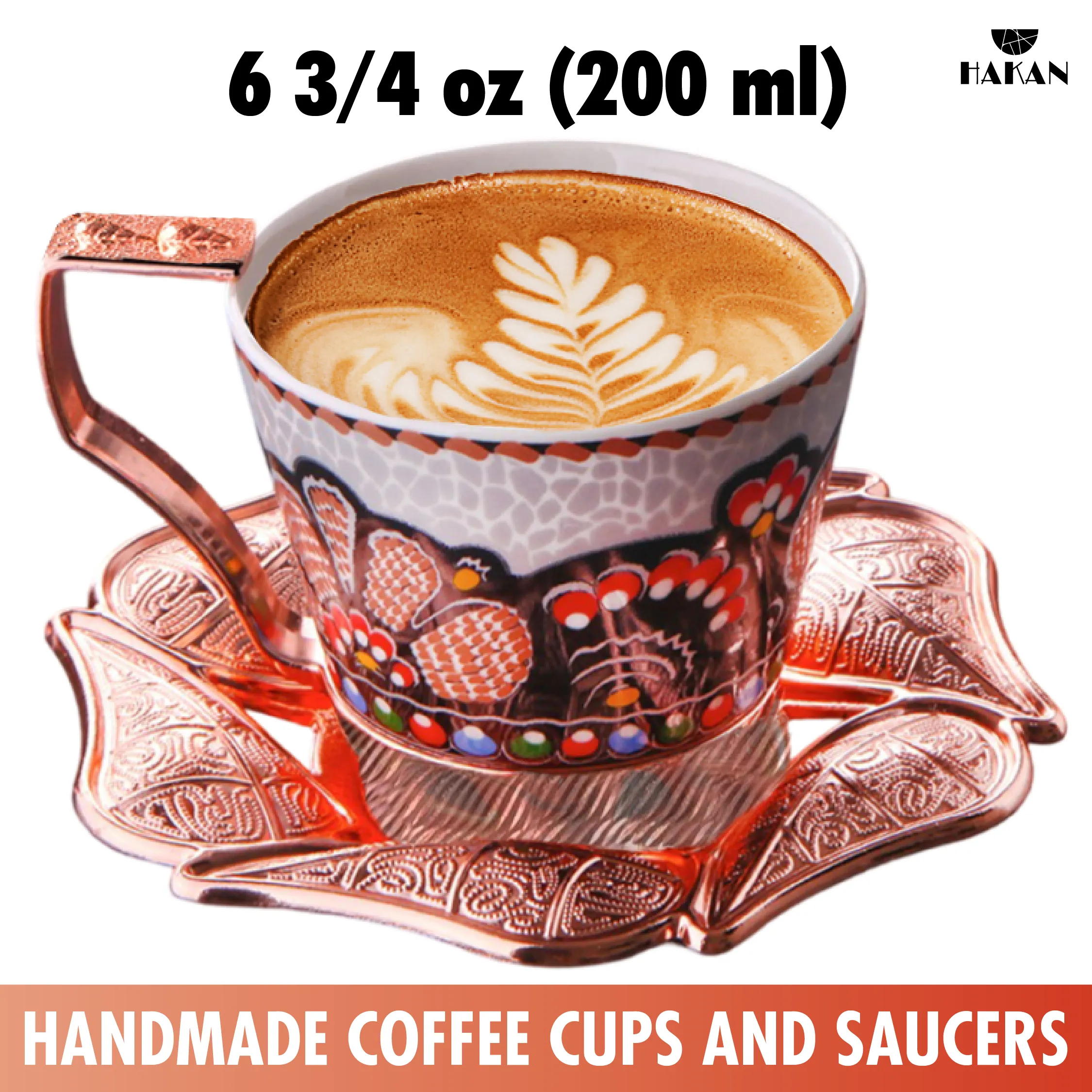 Turkish Coffee Cup Set for 6 People with Leaf Design Saucers, 18 Pcs