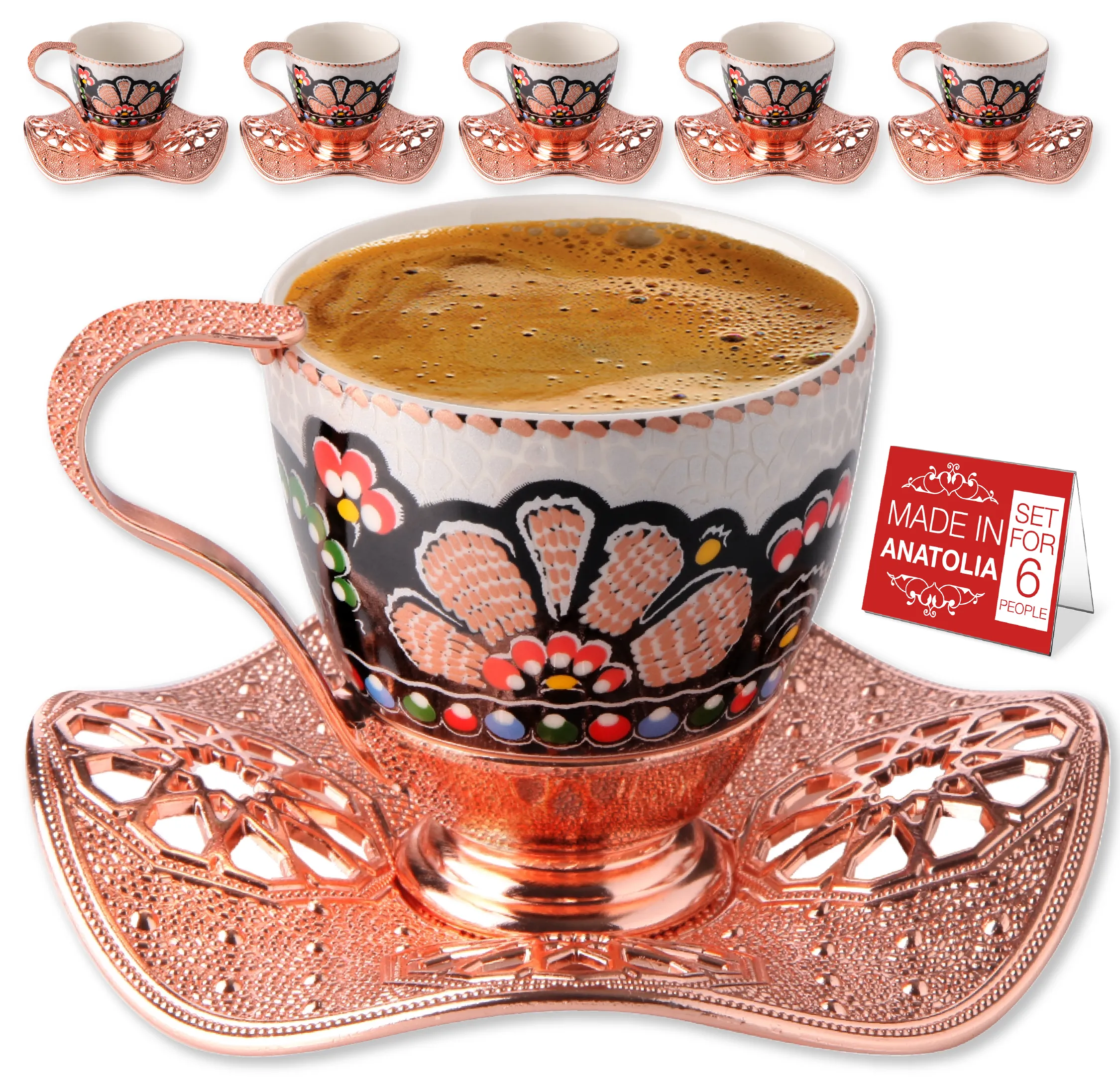 Turkish Coffee Cup Set for 6 People with Leaf Design Saucers, 18 Pcs