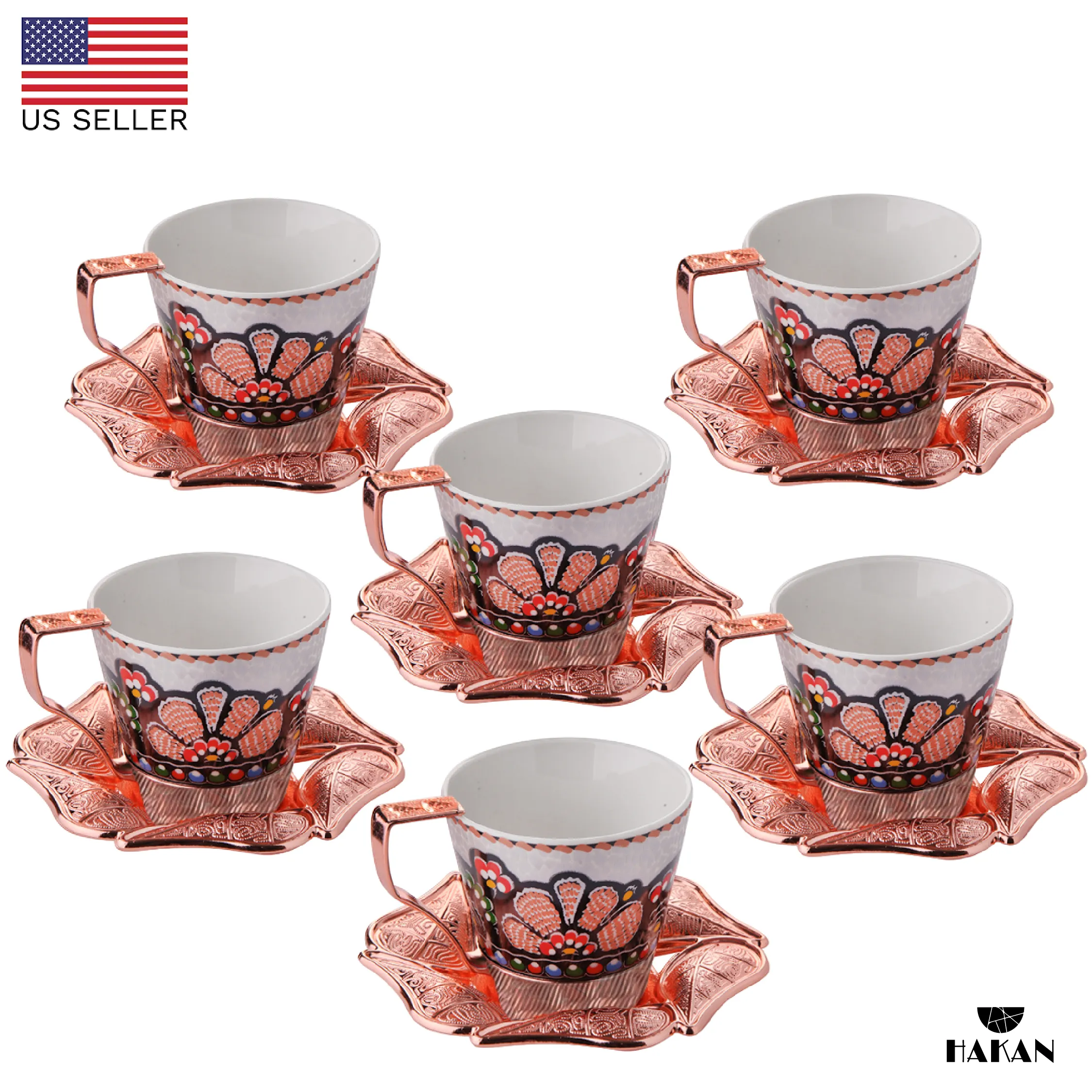 Turkish Coffee Cup Set for 6 People with Leaf Design Saucers, 18 Pcs