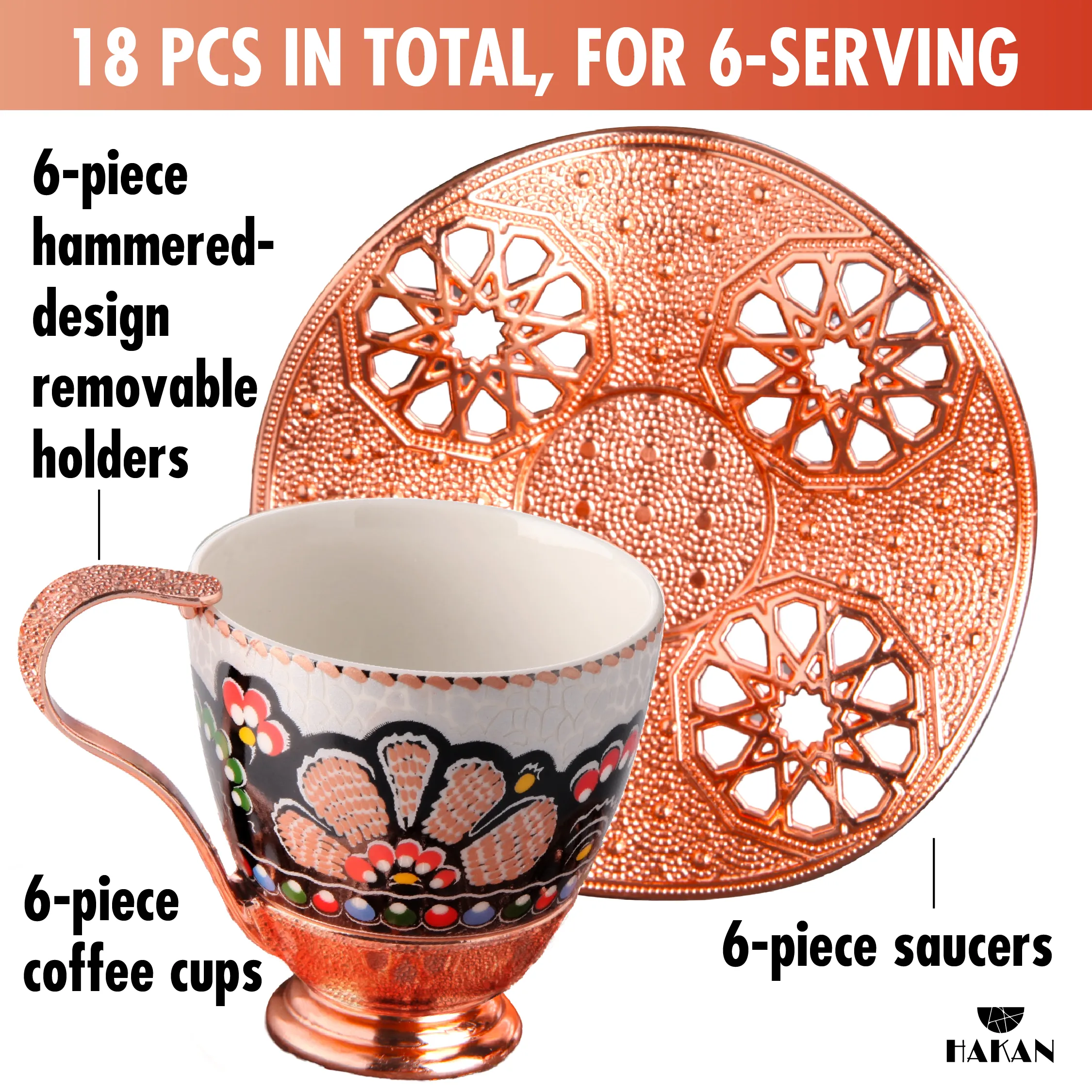 Turkish Coffee Cup Set for 6 People with Leaf Design Saucers, 18 Pcs