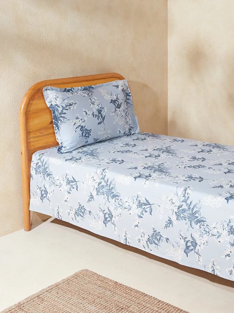 Westside Home Dusty Blue Floral Design Single Bed Flat Sheet and Pillowcase Set