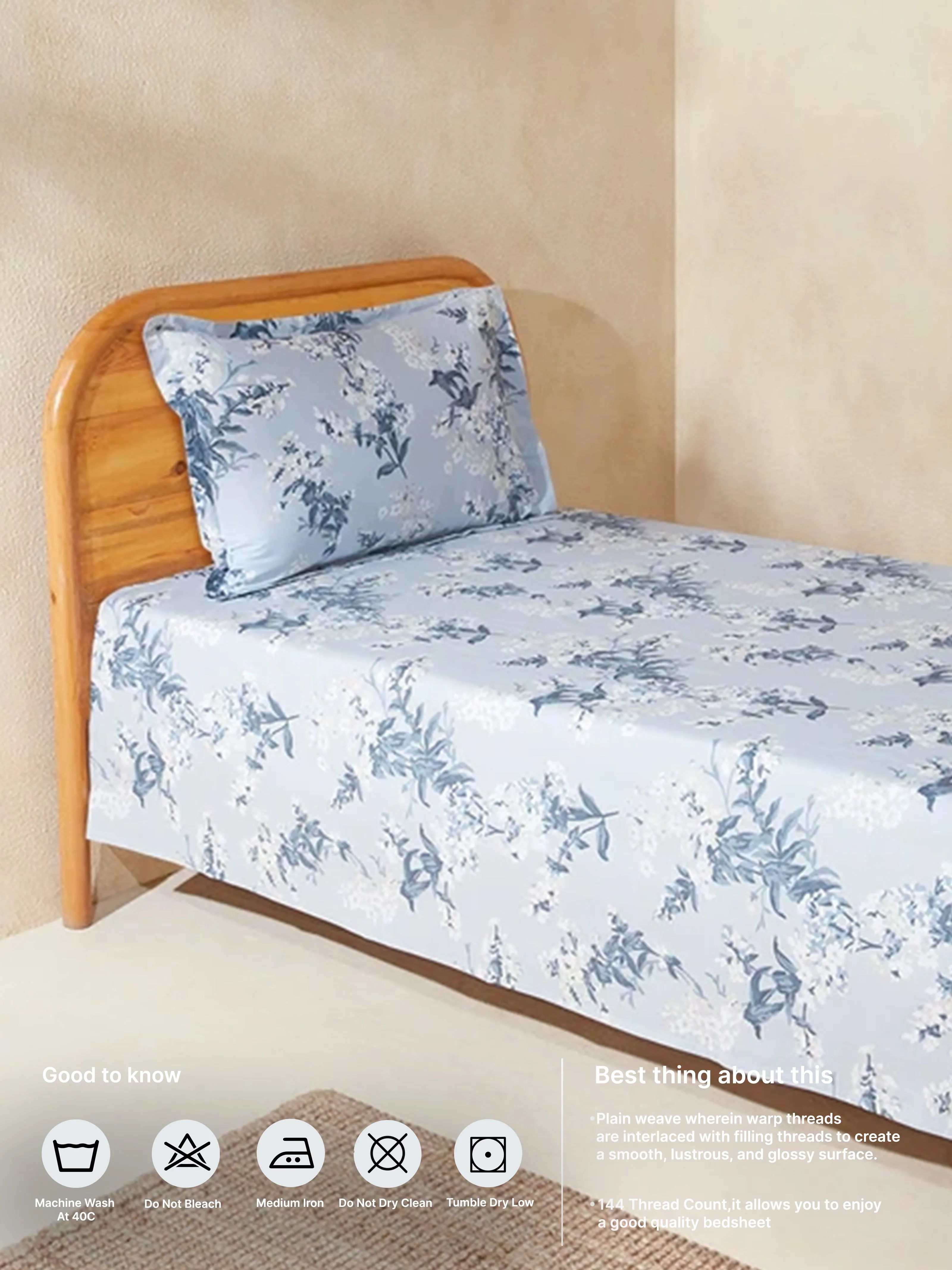 Westside Home Dusty Blue Floral Design Single Bed Flat Sheet and Pillowcase Set